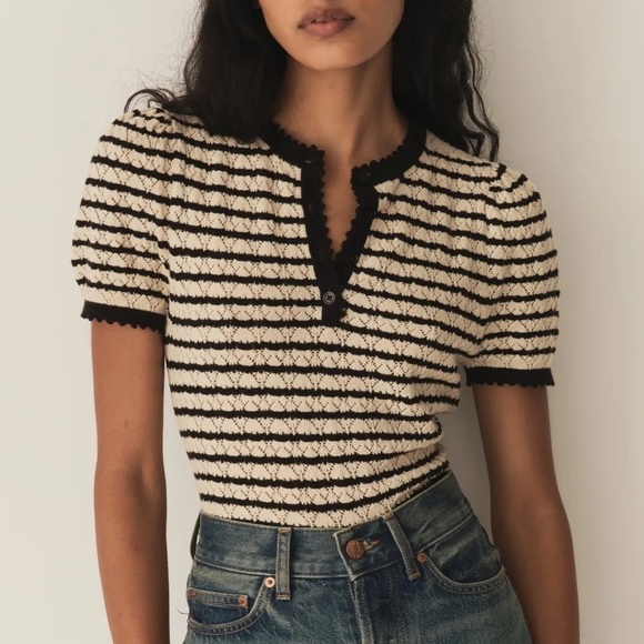Doen Tops - Doen Brandie Cotton Silk Knit Short Sleeve Puff Sweater Top Allaire Stripe Cream